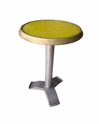 the table is made of metal and has a yellow table top