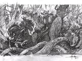 dessin représentant un groupe de personnes dans un champ avec un cheval