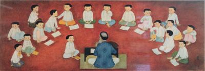 a painting of a group of people sitting in a circle