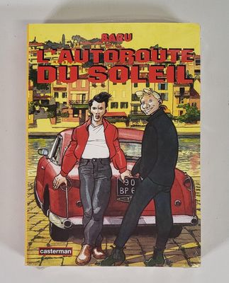 la couverture d'une bande dessinée sur laquelle on voit deux hommes debout à côté d'une voiture