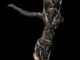 a close up of a statue of a person on a black background