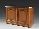 a wooden cabinet with a marble top and two doors