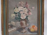 painting of a vase of flowers and fruit on a table next to a book