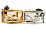 two belts with gold and silver buckles on a white background
