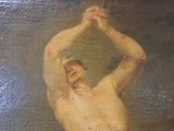 a painting of a naked man holding his hands in the air