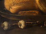 a painting of a loaf of bread and garlic on a plate