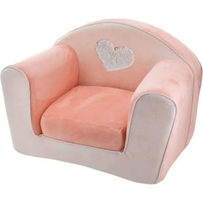 a pink chair with a white heart on it