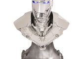 silver iron man busturine with blue eyes on a white background