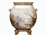 a vase with a painting on it sitting on a stand
