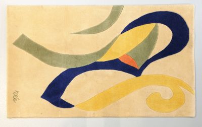 une image représentant un tableau d'un oiseau sur un tapis jaune et bleu