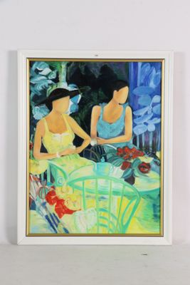 tableau représentant deux femmes assises à une table, avec des fleurs devant elles