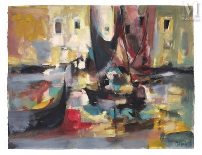 peinture abstraite de bateaux dans un port avec des bâtiments en arrière-plan