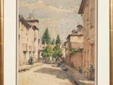 une image d'une peinture représentant une scène de rue avec une voiture à cheval