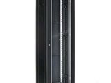 a black server cabinet with a door open on a white background