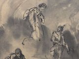 a drawing of a man riding a horse and a woman riding a horse