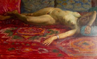 un tableau représentant une femme nue allongée sur un canapé