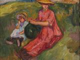 a painting of a woman and a child in a field