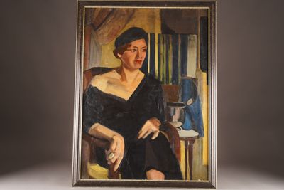 painting of a woman in a black dress sitting in a chair