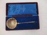a silver spoon in a blue box on a table