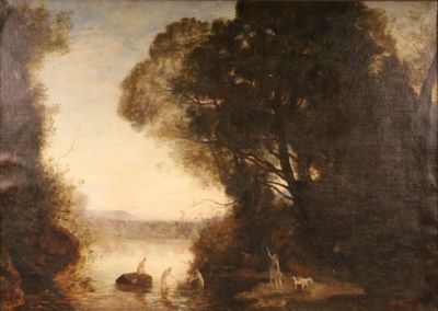 une image représentant un tableau où l'on voit une rivière avec des personnes et des animaux