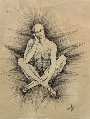 dessin représentant un homme assis par terre, un couteau à la main