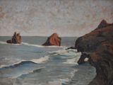 a painting of some rocks in the water by the shore