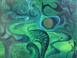an abstract painting of a green and blue landscape with trees and birds