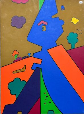 abstract painting of a man with a blue hat and a red tie