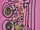 peinture représentant un téléphone rose sur fond rose, avec des inscriptions en noir et jaune
