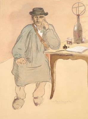 painting of a man sitting at a table talking on a cell phone