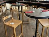 tables and chairs in a restaurant with a view of the street