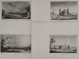 four black and white pictures of buildings and trees in a field