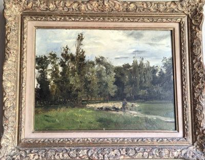 une peinture à l'huile représentant une scène fluviale avec des vaches dans un champ