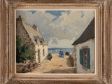 an image of a painting of people walking down a street by the ocean