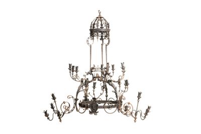 Important lustre cage en fer forgé à trente-trois bras de lu…