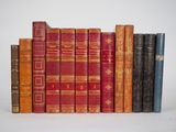 plusieurs vieux livres sont alignés sur une surface blanche