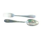 two silver spoons and a fork on a white background