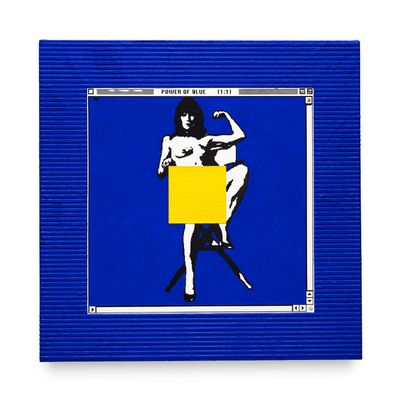 a blue and yellow painting of a woman sitting on a chair