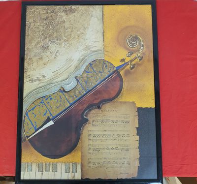 une photo d'un tableau représentant un violon posé sur une table