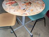 a table and two chairs that are made out of magazines