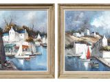 two paintings of boats in a harbor on a sunny day
