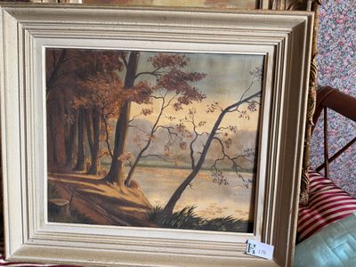 Huile sur toile, Paysage chemin en fôret, Signé en bas à gau…