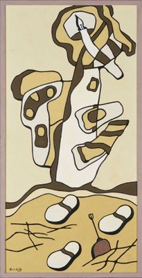 abstract painting of a woman ' s face in yellow, brown, and white
