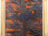 an oil painting of a tree with blue leaves in a gold frame