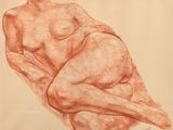 drawing of a nude woman sitting on her stomach with her hands on her knees