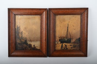 Ecole du XIXeme siècle. Paysages maritimes. Paire d'huiles s… - Photo 1