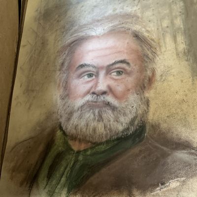un tableau représentant un homme barbu vêtu d'une chemise verte