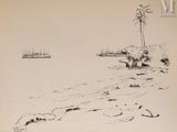 un dessin en noir et blanc représentant une plage avec un bateau au loin