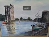 a picture of a painting of a boat on the water
