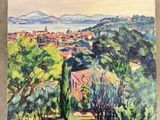 une peinture à l'huile représentant une vue d'une ville depuis une colline
